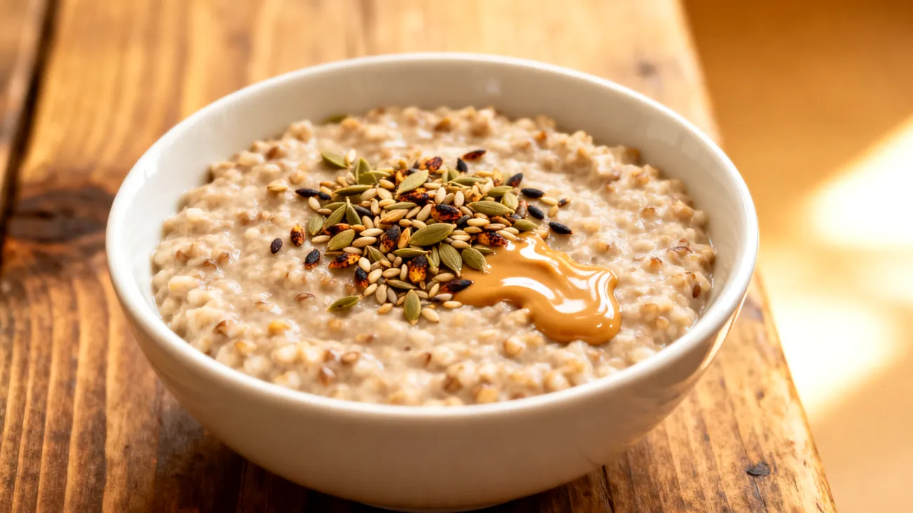 Buchweizen-Porridge mit gerösteten Hanfsamen und Mandelmus"