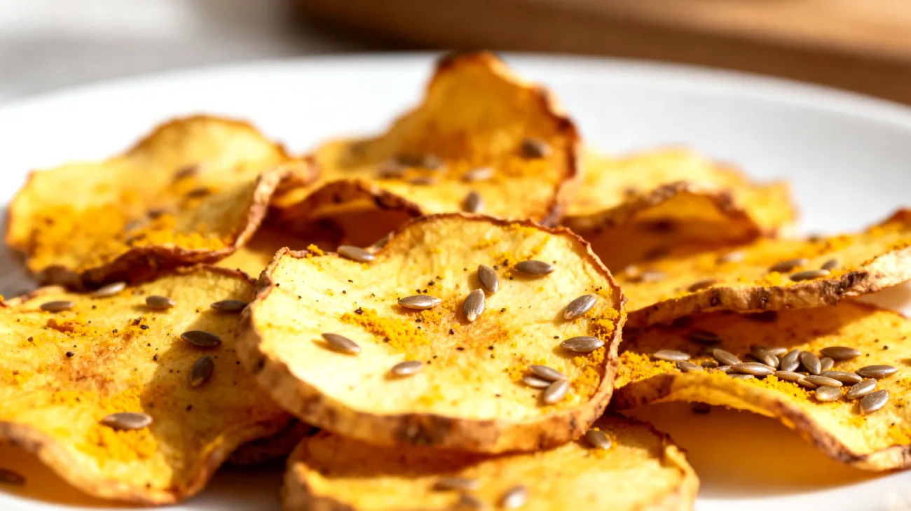 Topinambur-Chips mit Kurkuma und Leinsamen"
