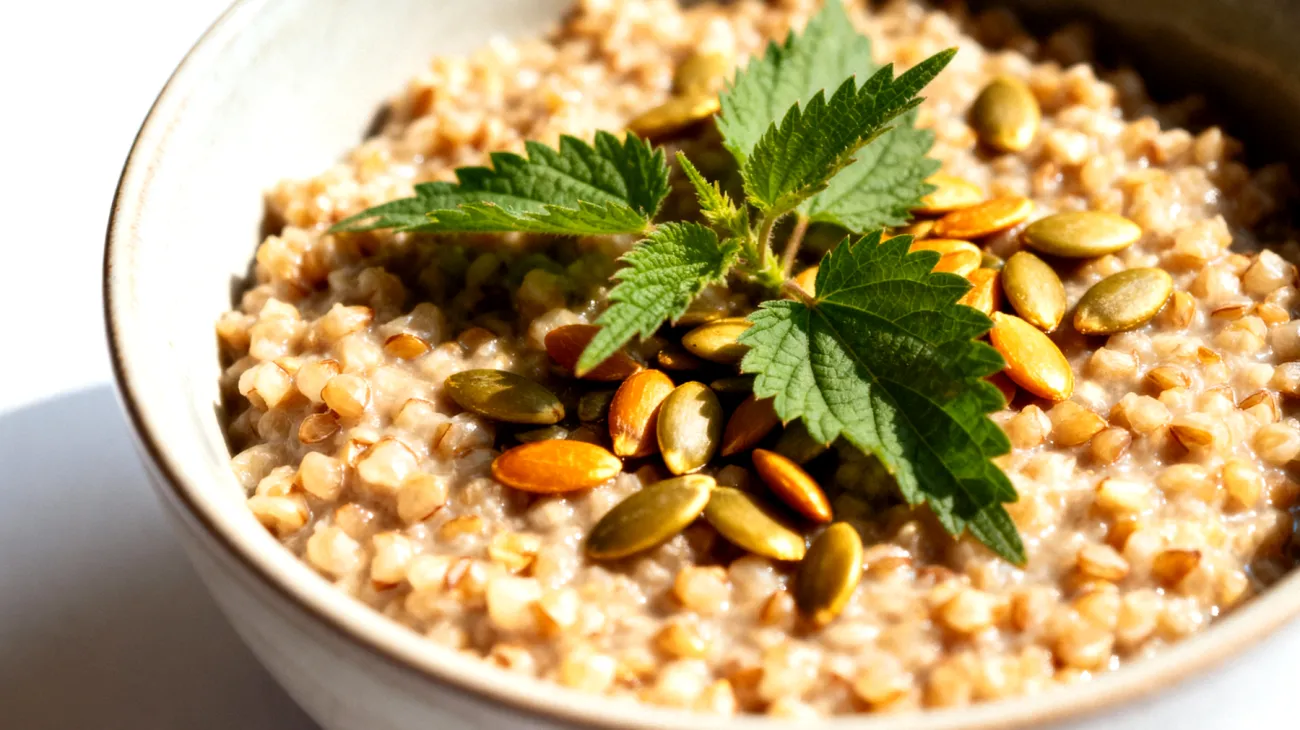 Buchweizen-Porridge mit Brennnesselblättern und Kürbiskernen"