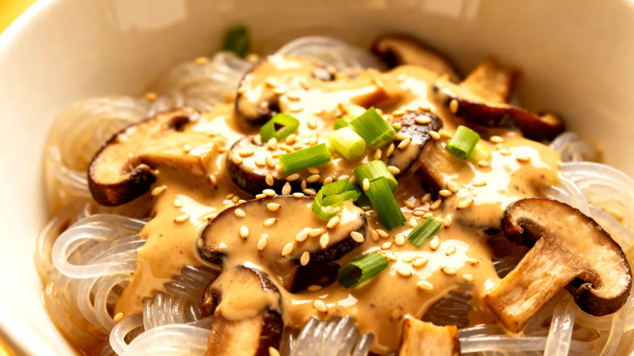 Konjac-Nudeln mit Shiitake-Pilzen und Sesampaste"