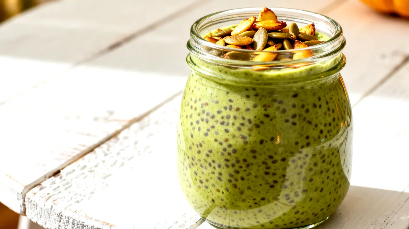 Overnight-Chia-Pudding mit Matcha und gerösteten Kürbiskernen"