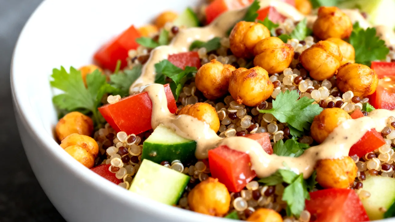 Quinoa-Tabouleh mit gerösteten Kichererbsen und Tahini-Dressing"